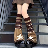 1 Pair Women's Fashionable Knit Leg Sleeves with Asymmetrical Star Pattern, Y2K Style, Cute Dress-Up Accessory, Five-pointed Star, Striped - KawaSocks